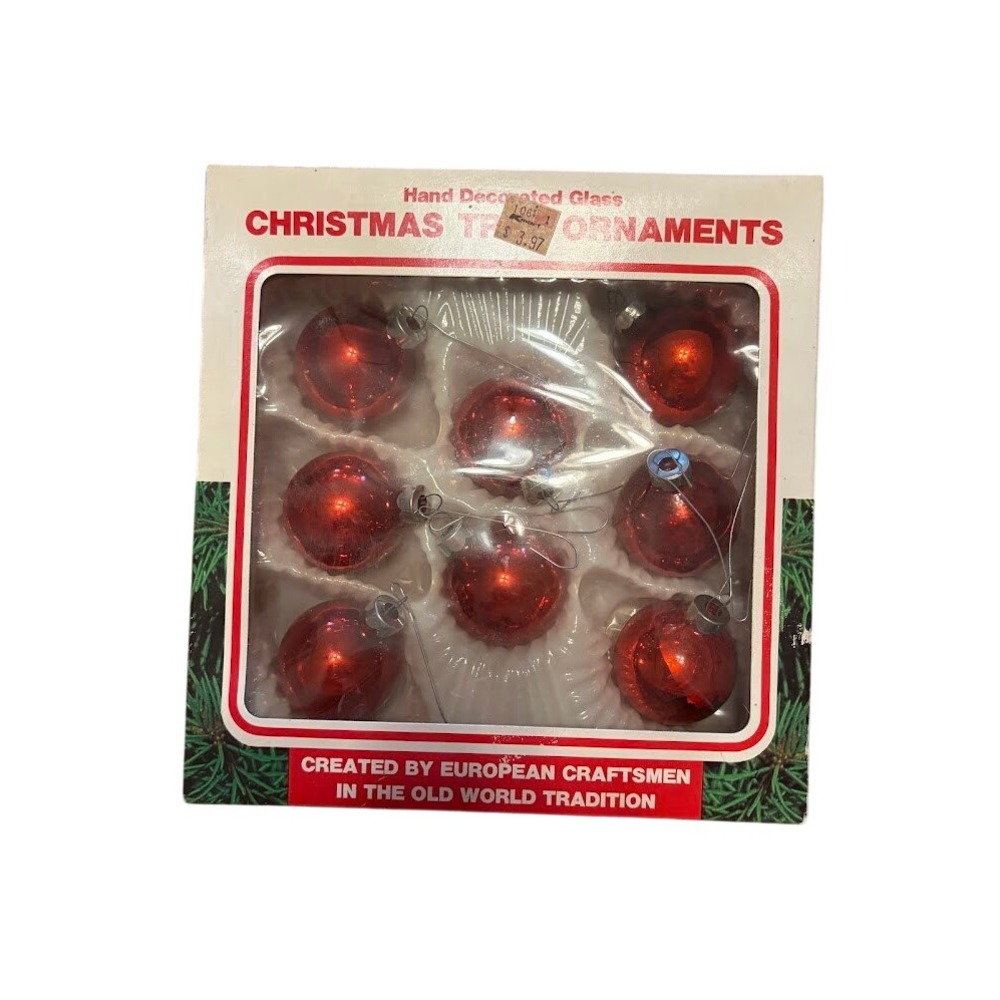 Vintage Kmart Red Hand Decorated Glass Christmas Tree Ornaments Set of 8